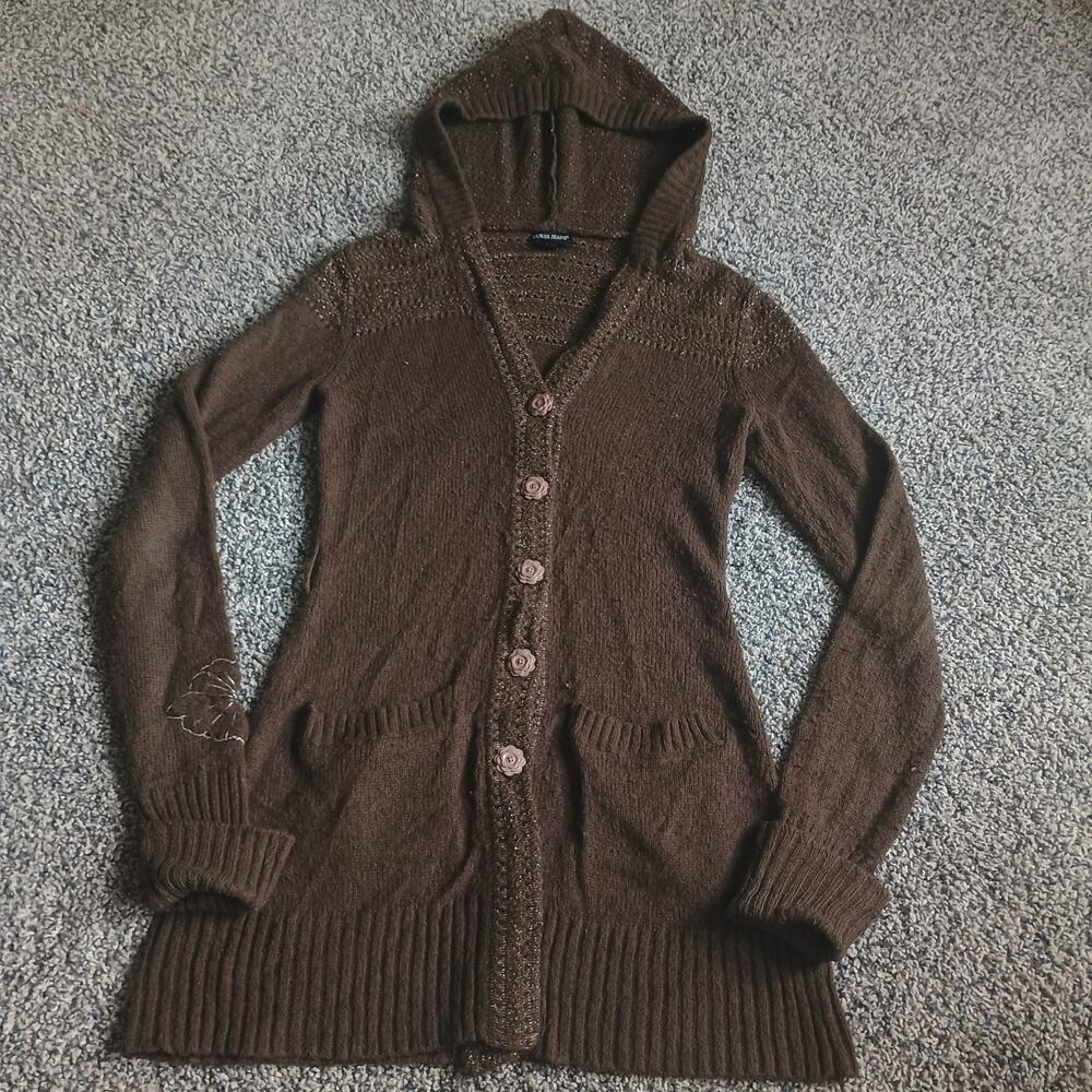 Guess Vintage Y2K 2000s Knit Cardigan Hood Bella Swan Chocolate Brown Medium
